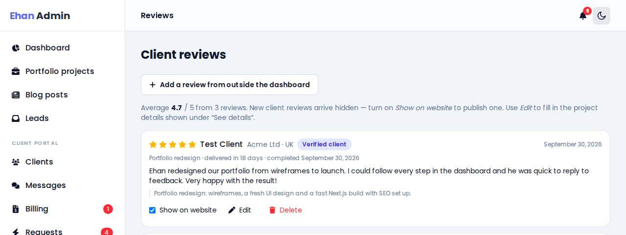 Admin reviews page with a Show on website switch and locked client text