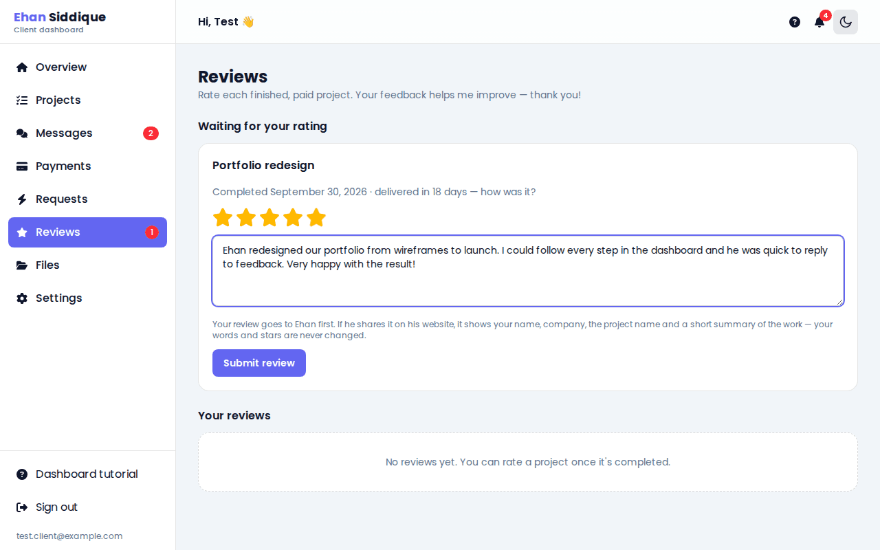 Client dashboard Reviews page with a star rating form for a completed project