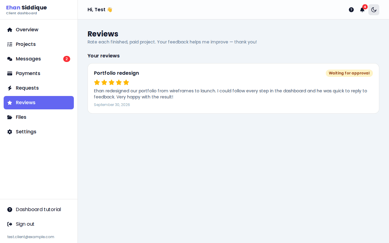 Client dashboard showing the submitted review waiting for Ehan's approval